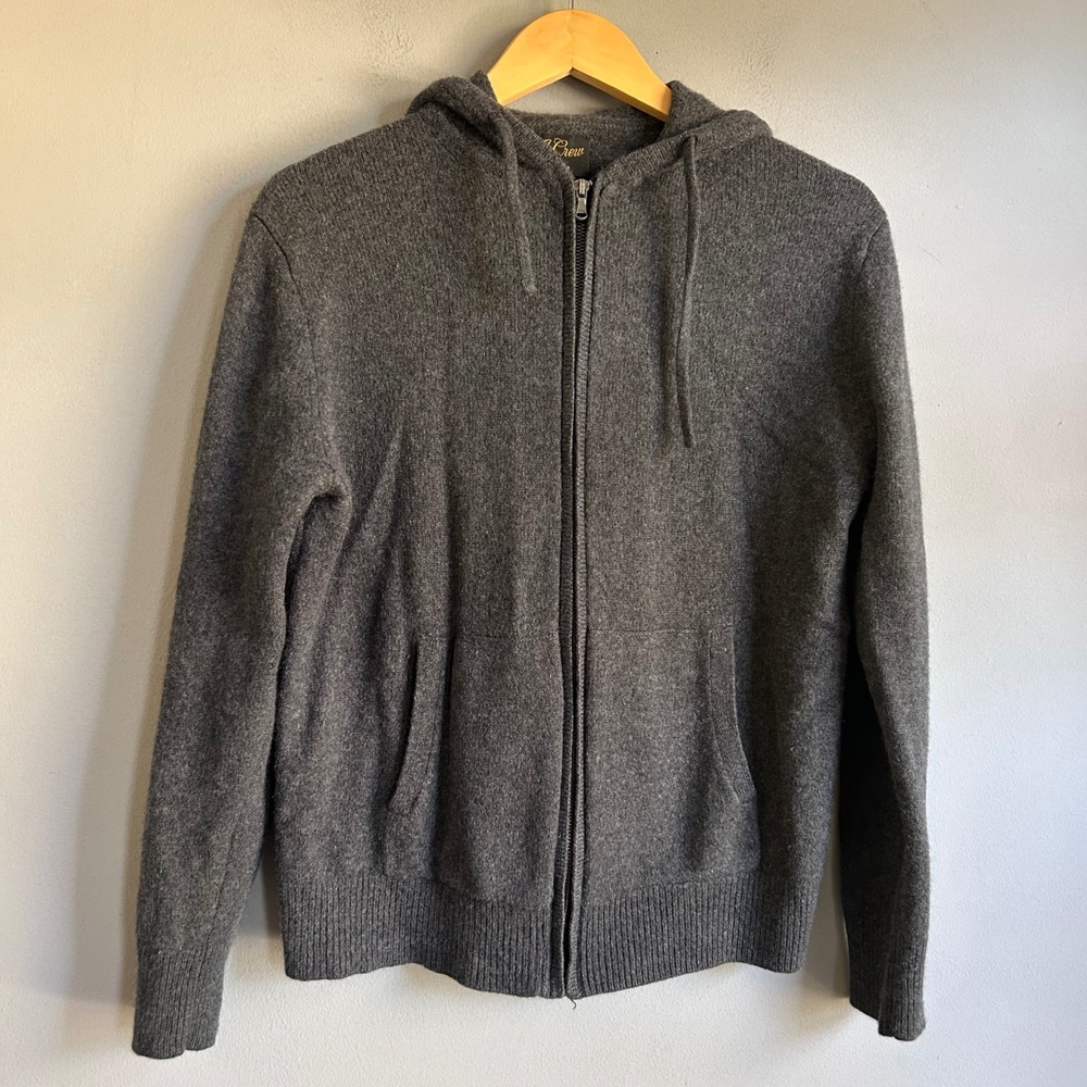 J.Crew 100% Cashmere Full Zip Hoodie Charcoal Gray Knit Sweater Womens Medium